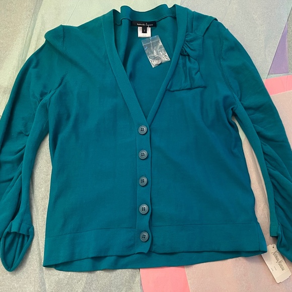 NWT! Neiman Marcus Tag! Nanette Lepore Teal Bow Cardigan SMALL - Picture 1 of 14